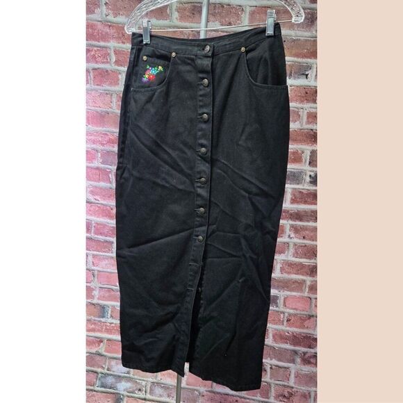 Vintage Carole Little Sport Black Denim Maxi Skirt – Women’s Size 8 Button Front - Picture 1 of 6